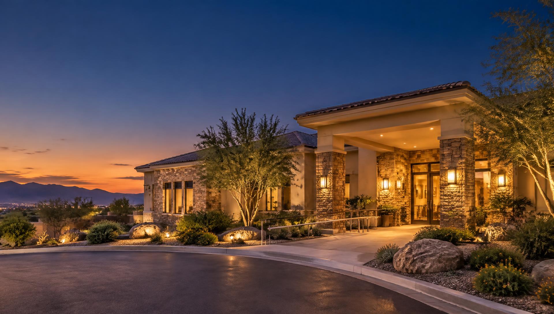 Luxury residential care facility in Nevada at dusk
